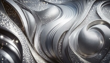 Abstract sparkling silver glitter background with curved lines, shapes
