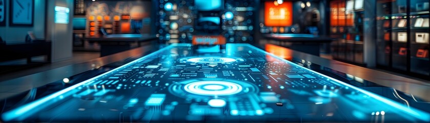 High Tech Smart Home Device Table Display in Futuristic Tech Store Interior