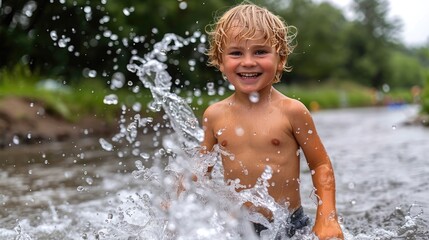 On a summer day, a boy enjoys water.  