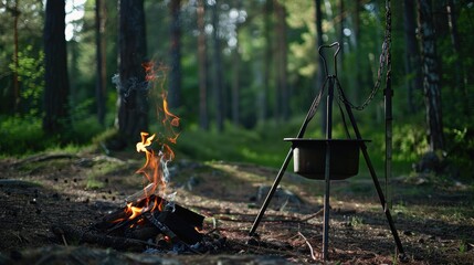 a black cast iron pot resting on three metal tripods over an open fire in nature, set against a lush green forest backdrop.