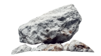 A collection of boulders on a black backdrop - heavy rock, big stones isolated on PNG transparent background.