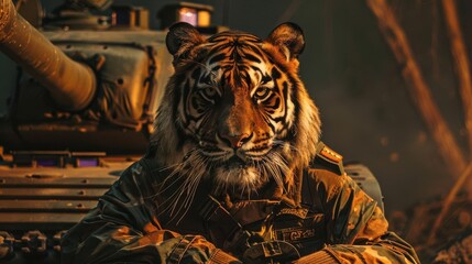 A tiger in military uniform, standing next to a tank, dramatic lighting, low angle, powerful scene style