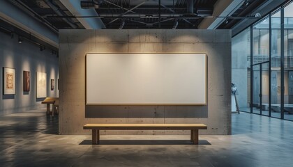 Modern art gallery interior with empty frame on wall and bench, showcasing contemporary design and...