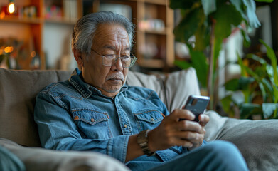 Obraz premium An elderly man sitting in a cozy living room, engrossed in using his smartphone.
