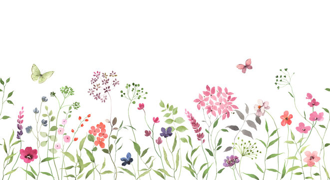 Floral seamless border with abstract  delicate wildflowers and flying butterflies. Isolated watercolor illustration for cover, background, invitation or greeting cards, decorative design pattern.