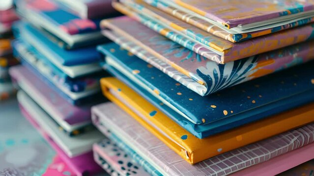 A bundle of recycled paper notebooks each with a different colorful cover and inspirational quote.