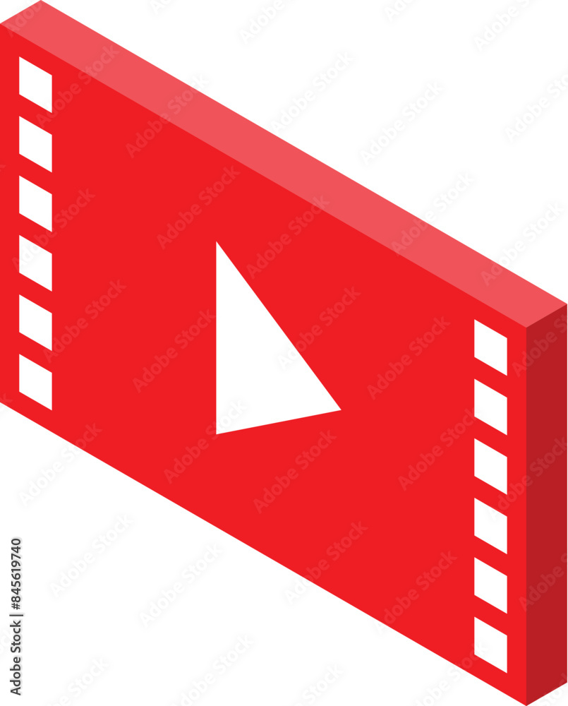Poster red movie clapperboard isometrically displaying a play button symbol for video content creation