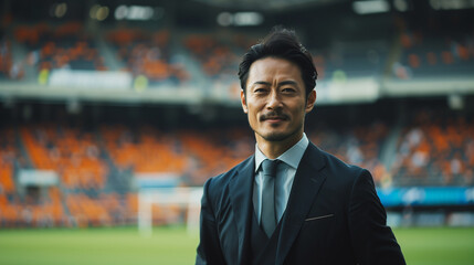 A Japanese manager in a suit stands confidently in a stadium, his smile reflecting both professionalism and charisma. The background features a vibrant stadium scene.