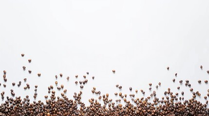 Naklejka premium Discover a wide panoramic view of coffee beans framing the scene, isolated on a white background, providing generous space for text or images