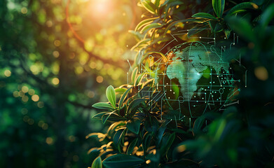 A vibrant scene with sunlight filtering through foliage, integrating a digital overlay of a world map and data points.