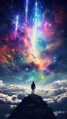 Fototapeta premium Silhouette of person standing on mountain peak gazing at a vibrant, colorful galaxy-filled sky, representing exploration and wonder.