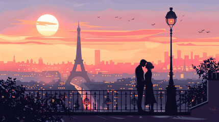 minimalistic romantic Paris cartoon, for Valentine's day.