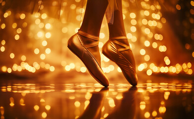 A ballet dancer on pointe, illuminated by warm, glowing lights, creating an elegant and ethereal atmosphere.