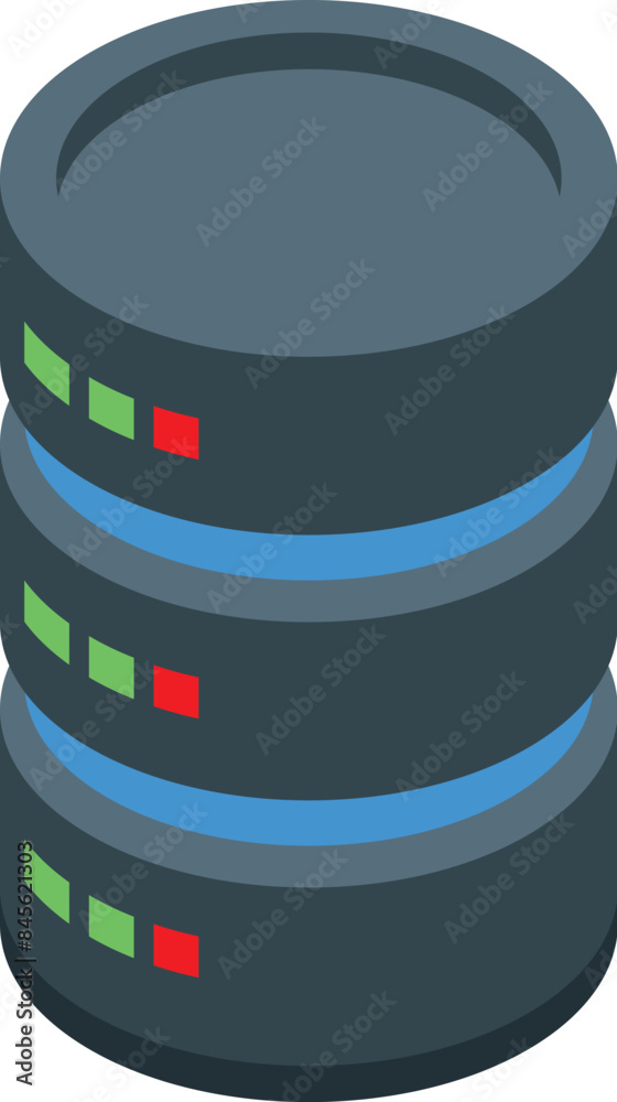 Poster illustration of a database server with indicator lights, representing data storage and processing