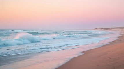 Obraz premium tranquil sandy beach at sunrise with gentle waves and pastel sky landscape photo