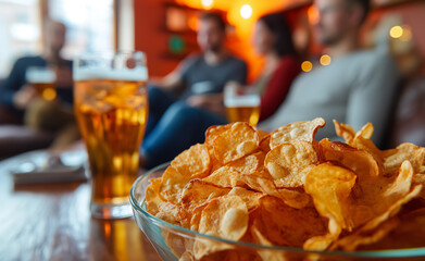 Fototapeta premium A bowl of potato chips with friends drinking beer in the background, highlighting a casual social gathering.
