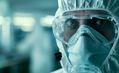 A scientist in protective gear working in a high-tech lab, highlighting precision and focus in scientific research.
