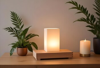 Modern home with empty desk, lamp, light and window. lofty, soft lighting