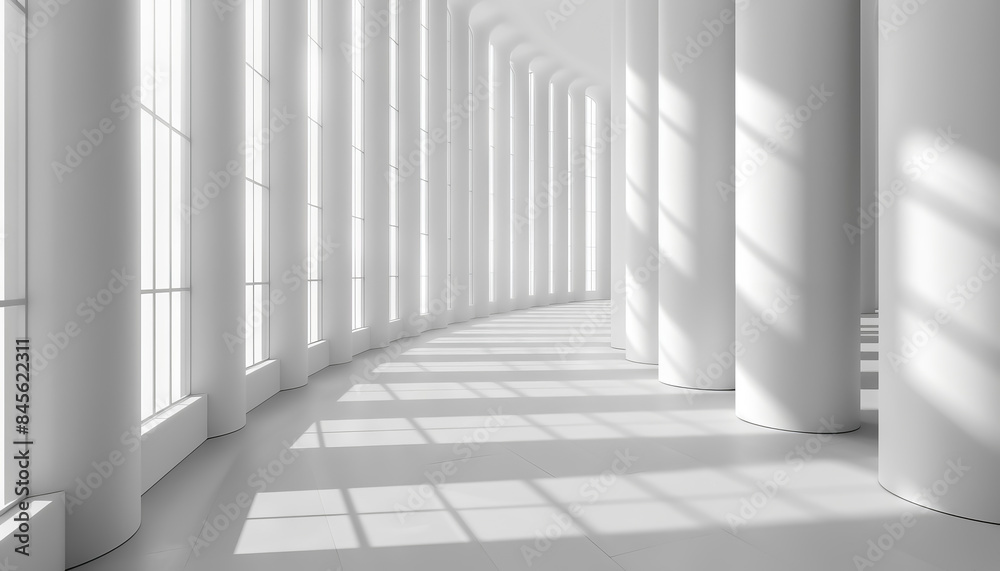Aufkleber bright white hallway with tall windows and cylindrical columns, casting long shadows on the floor