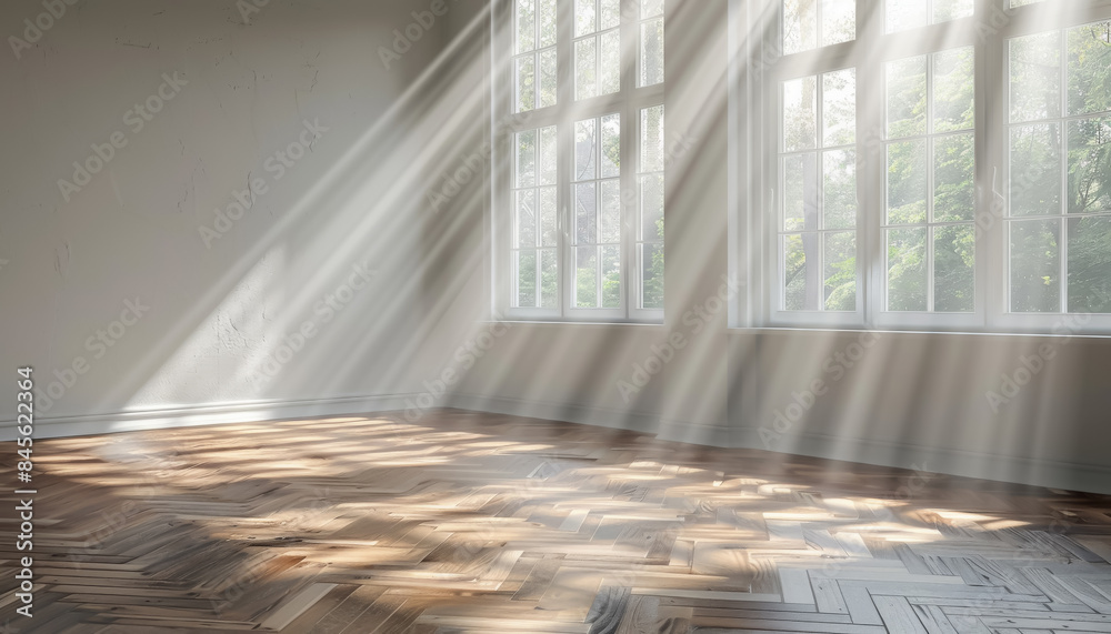 Poster sunlit empty room with large windows, wooden floor, and light streaming in creating a peaceful atmos