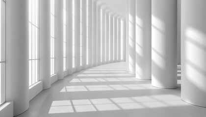 Obraz premium Bright white hallway with tall windows and cylindrical columns, casting long shadows on the floor