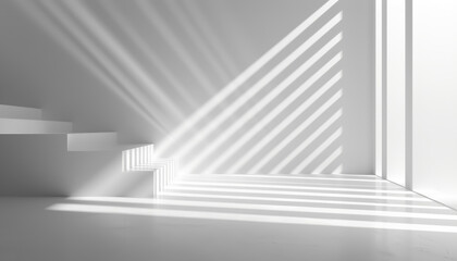 Fototapeta premium White interior with sunlight casting diagonal shadows, featuring minimalist stairs and clean architectural lines
