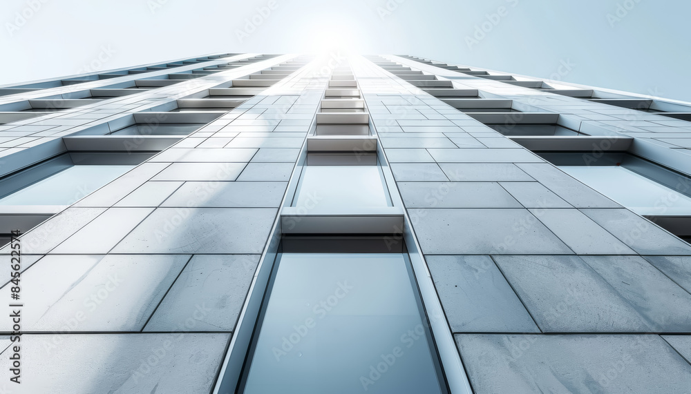 Aufkleber a modern building with vertical lines and large windows, reaching towards a bright sky