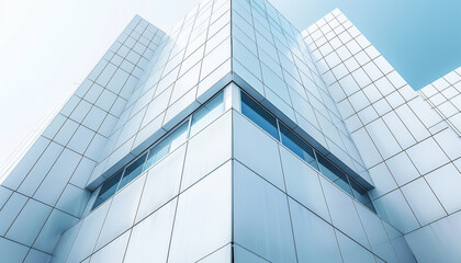 A futuristic building with sharp angles and a reflective glass facade, set against a clear blue sky