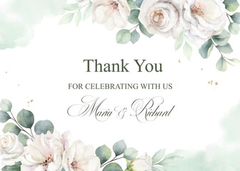 Wedding vector invitation card template. Watercolor white roses, eucalyptus and greenery. Luxury design for greeting card, cover, birthday party. Hand painted llustration. © ElenaMedvedeva