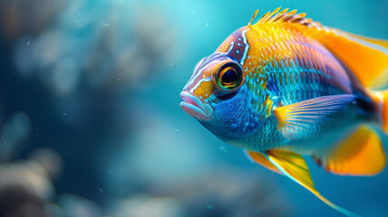 A vibrant, colorful tropical fish swimming in an underwater scene.