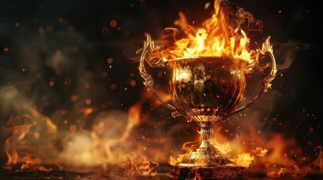triumphant golden trophy cup engulfed in flames and smoke symbolizing the fiery passion and relentless pursuit of success aigenerated 3d illustration