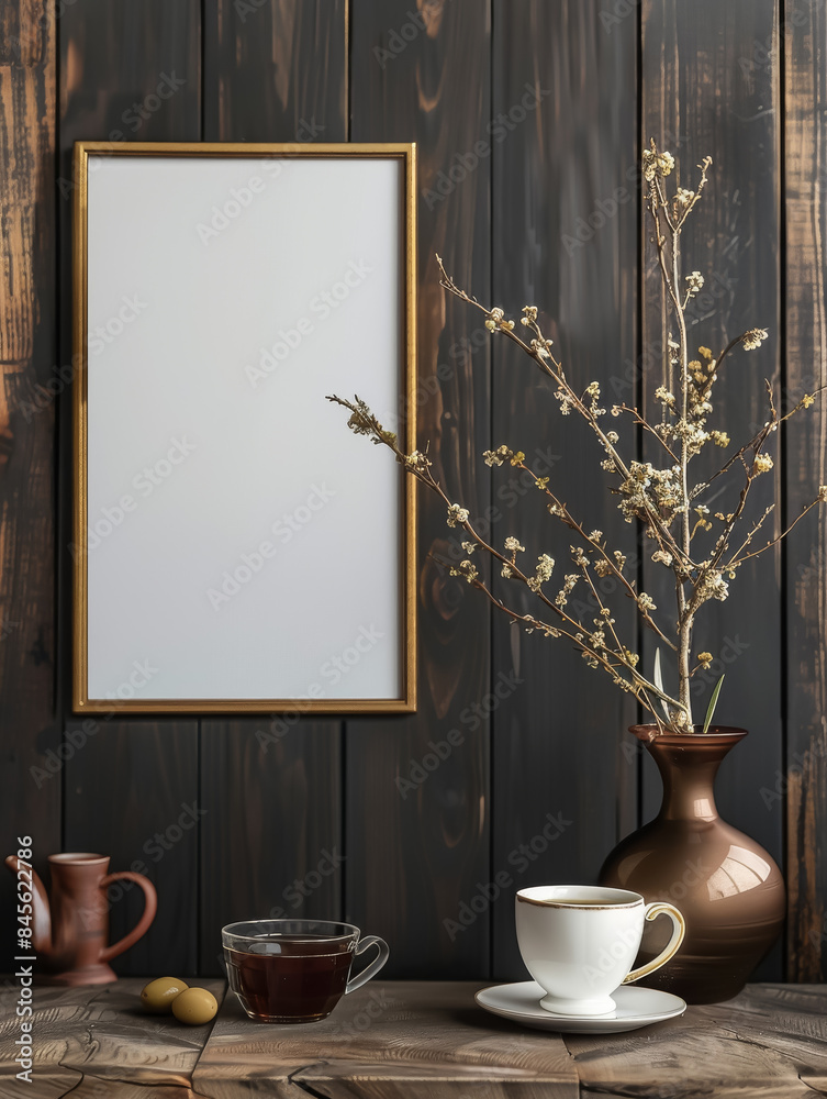 Poster A warm setting with a blank frame in a gold border, a vase with dried branches, and cups of coffee on a rustic table