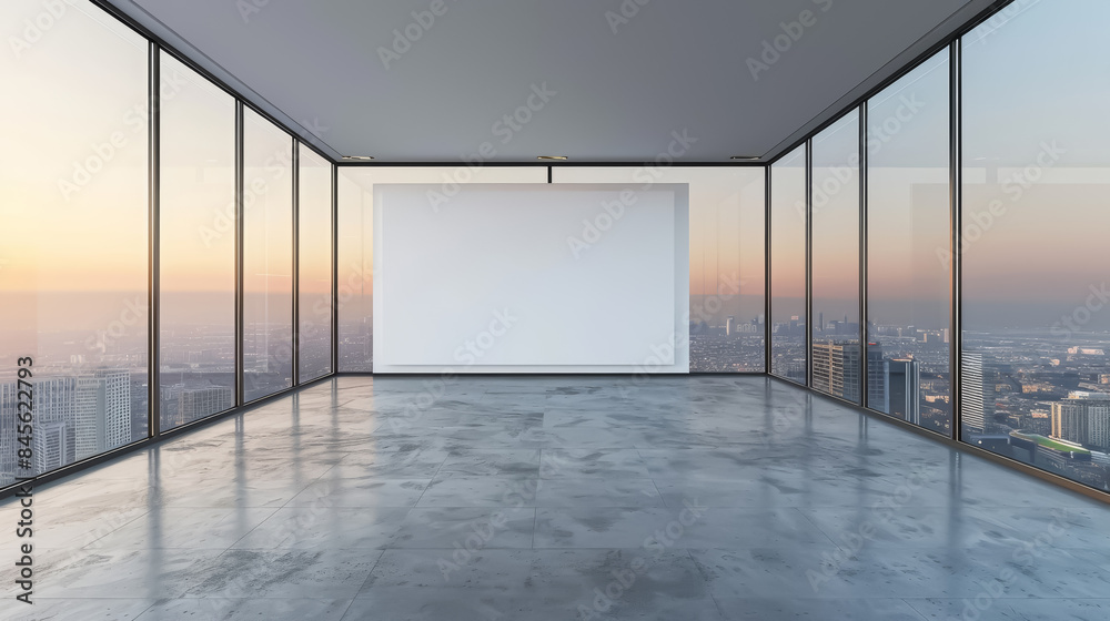 Poster an empty, spacious office with floor-to-ceiling windows offering a panoramic cityscape view during s