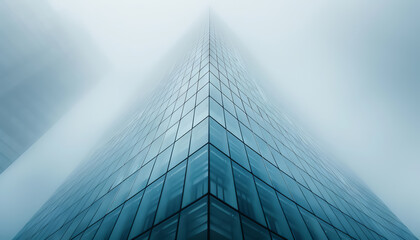 A modern skyscraper disappearing into the foggy sky, showcasing sleek glass architecture and vertical lines