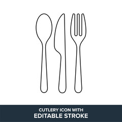 Cutlery flat vector icon with editable stroke. Spoon, fork and knife icon