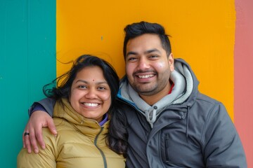 Fototapeta premium Portrait of a grinning indian couple in their 30s wearing a functional windbreaker over soft multicolor background