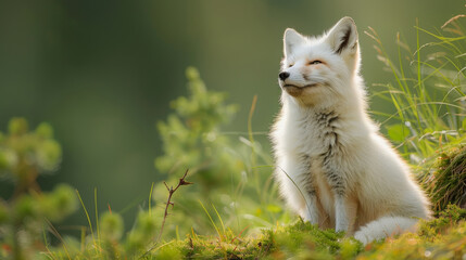 Obraz premium A beautiful white fox sitting gracefully on a lush green field in the forest, copy space