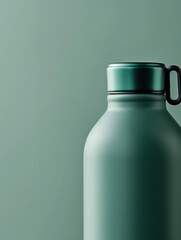 Green metallic water bottle with lid on a soft green background.