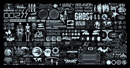 Brutalism graphic shapes. Retro-futuristic grunge elements for design, geometric universal shape for merch. Blanks for a poster, banner, business card, sticker