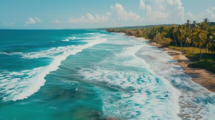 Fototapeta premium turquoise ocean waves crashing on shore aerial view of tropical paradise
