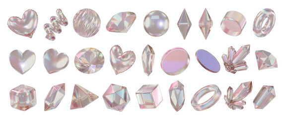 Heart and Gem holographic decoration set pack isolated background 3d rendering	