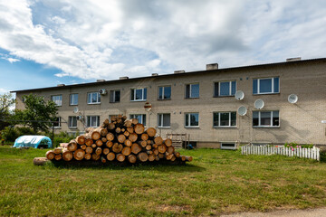 Kallaste, Estonia Old apartment buildings with wood piles for heating.