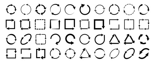 Cyclic rotation, recycling recurrence or renewal. Vector isolated set of flat icons with arrows. Symbol of progress or speed, turning or spinning pictogram. Exchange or swapping, synchronization