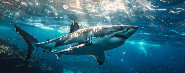 Fototapeta premium Shark Cage Diving in South Africa Diving into the ocean in a protected cage to view great white sharks up close