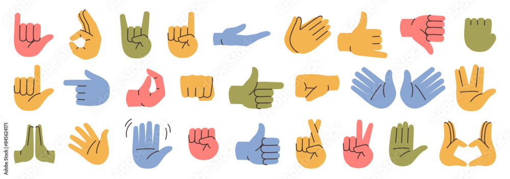 Aufkleber gestures and hands showing non verbal elements of communication. vector isolated prey symbol, thumb 