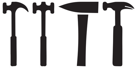 Set of hammer in silhouette icon. Set of reflex hammer mechanical, Workshop, hammer. Isolated On Transparent Background.