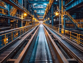Fototapeta premium Bustling Industrial Facility With Conveyor Belts and Machinery Symbolizing Production and Manufacturing