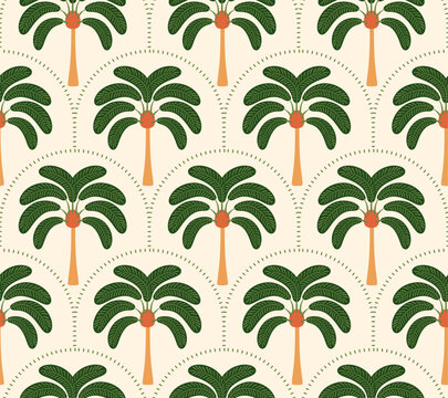 Tropical palm tree art deco seamless pattern. Jungle damask print, summer natural vector wallpaper. Hand drawn coconut plant, cute tropic illustration. Simple design for textile, fabric, wrap paper.
