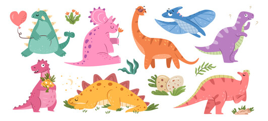 Funny Jurassic dinosaurs and eggs, leaves and flowers. Vector childish prehistoric dino paleontology. Strgozaurus and pelosaurus, triceratops and ankylosaurus, tyrannosaurus and pterodactylus
