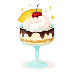 Summer dessert with fresh berries and fruits. Cartoon flat illustration for advertising or menu